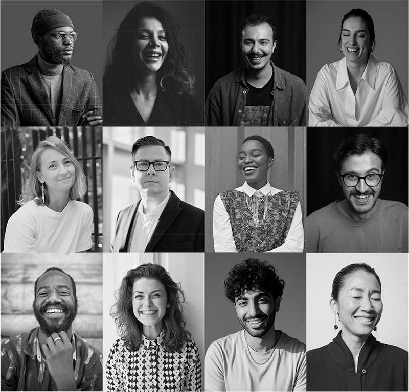 Mosaïque de différents portraits d'hommes et de femmes en noir et blanc représentant l'esprit de shift society