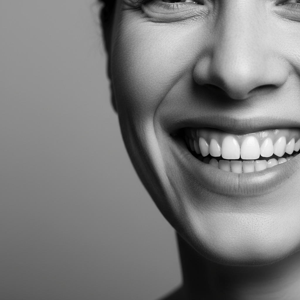 Visage d'une femme qui sourit en noir et blanc